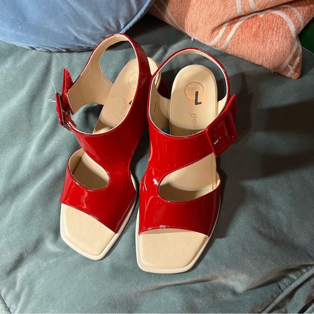 Paul Green Red Patent Leather Sandals Square Toe Ankle Strap NEW Women’s Size 7